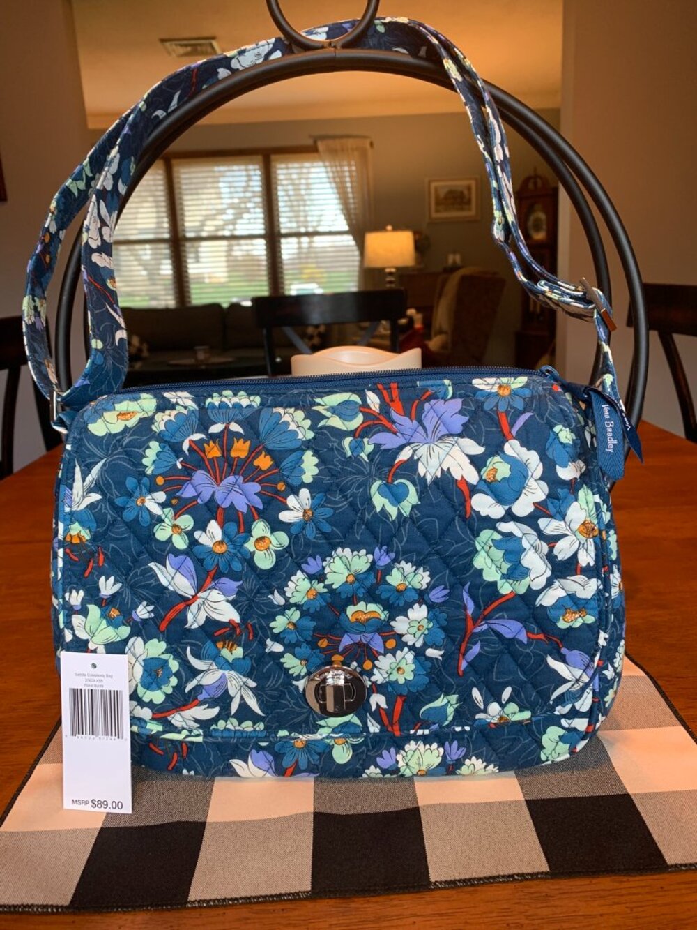 Vera Bradley Saddle Crossbody adjustable Floral Bursts navy red green turnlock